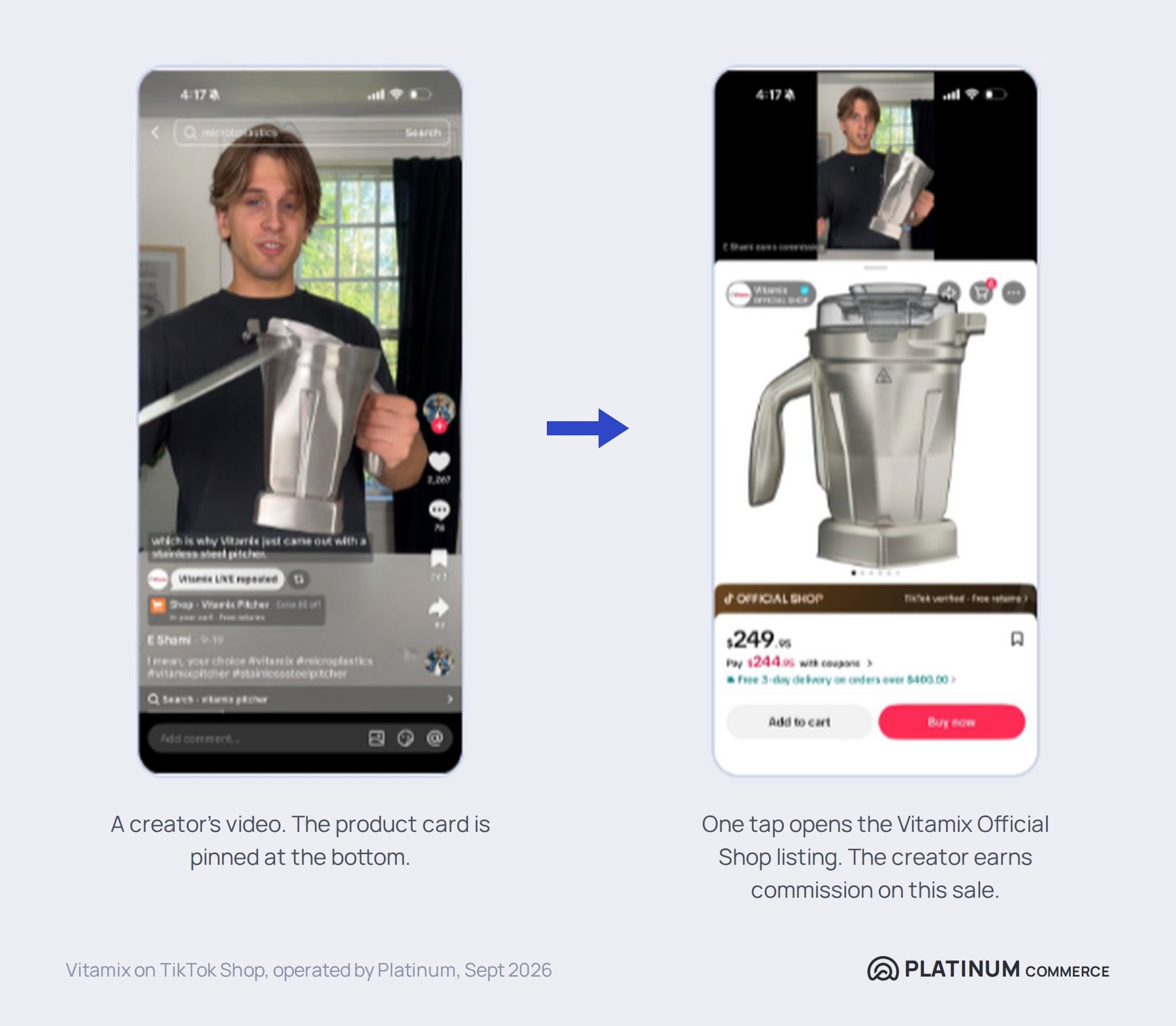 A Vitamix creator video with a pinned product card, and one tap opening the Vitamix Official Shop listing